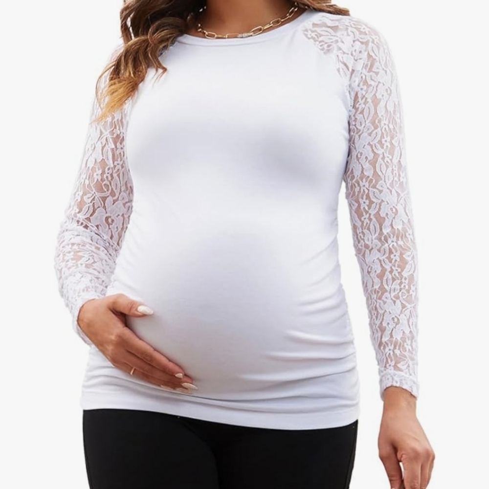 White Lace Sleeve Maternity Top